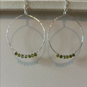 Handmade Elegant Silver Hoop Earrings with Green Accents
